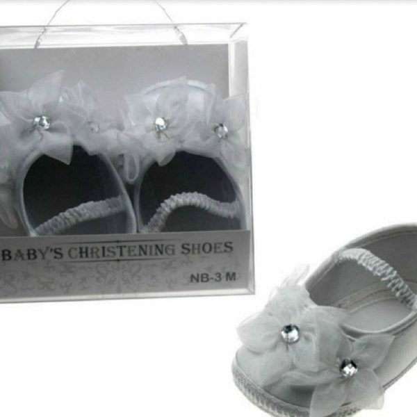 Girls Christening Shoes White Floral Satin Diamante 3/6 6/12 Months