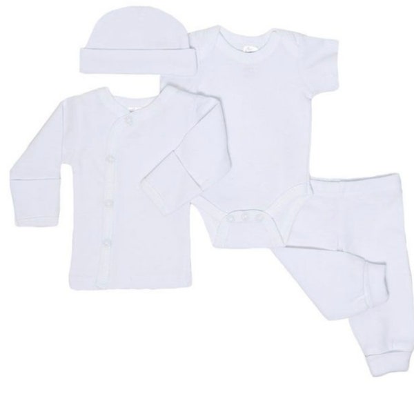 Premature Tiny Baby 4 Piece Layette Clothing Prem Set Plain White  3/5 Kg