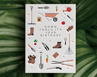 Happy Birthday Gardening Letterpress Card (Dad, Husband, Wife, Grandad, Grandma, Mum, Friend)