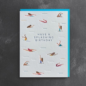 Happy Birthday Schwimmen Letterpress Karte (Sohn, Tochter, Schwester, Bruder, Vater, Mutter, Ehemann, Frau, Freund)