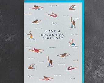 Happy Birthday Swimming Letterpress Card (Son, Daughter, Sister, Brother, Dad, Mum, Husband, Wife, Friend)