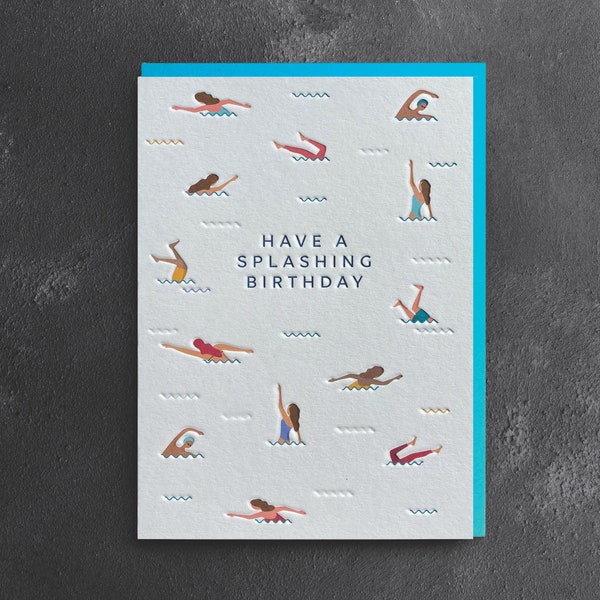 Happy Birthday Swimming Letterpress Card (Son, Daughter, Sister, Brother, Dad, Mum, Husband, Wife, Friend)