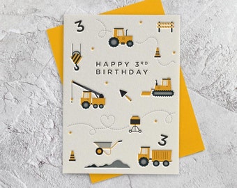 Happy Birthday Age 3 Diggers Letterpress Style Card (Boy, Son, Grandson, Nephew)