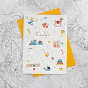 "Happy Birthday Age 1 ""Traditional Toys"" Karte im Letterpress-Stil (Junge, Mädchen, Sohn, Tochter, Enkel, Enkelin)"