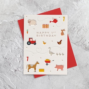 Gelukkige verjaardag leeftijd 1 boerderijdieren boekdruk stijl kaart (meisje, jongen, zoon, dochter, kleinzoon, kleindochter)