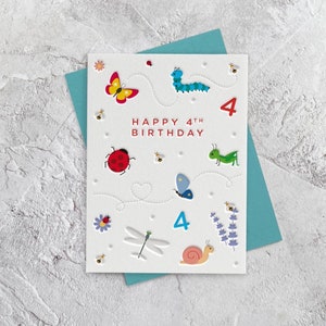 Carte de style typographique Joyeux anniversaire 4 ans, insectes et papillons (fille, fille, petite-fille)