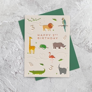 Happy Birthday Age 3 Zoo Animals Letterpress Style Card (Boy, Girl, Son, Daughter, Grandson, Grandaughter)