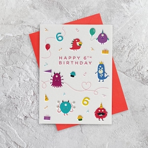 Biglietto di auguri di buon compleanno per 6 anni con mostri in stile letterpress (maschio, figlio, nipote, nipote)