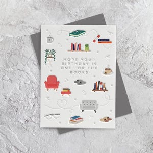 Buon compleanno, lettura, biglietto in stile letterpress per amanti dei libri (papà, marito, moglie, sorella, mamma, nonno, nonna, amico)