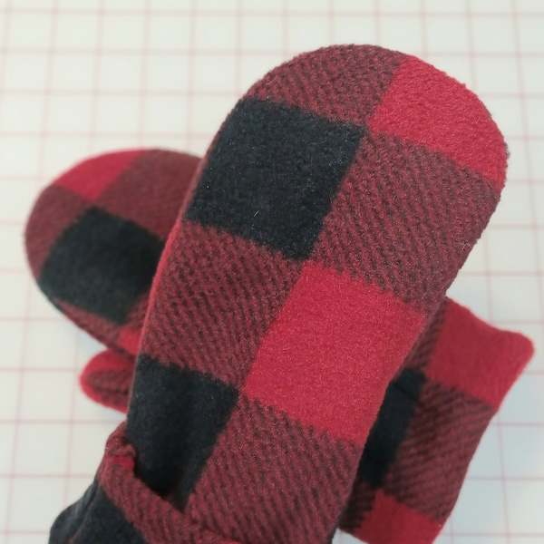 Handmade Double Layered Fleece Mittens w/Cuffs - Small (Red Buffalo Check)