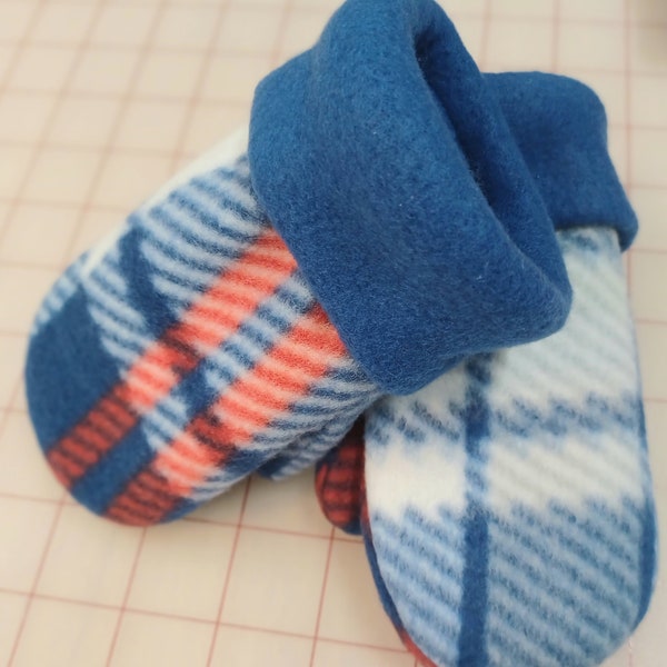 Handmade Double Layered Fleece Mittens w/Cuffs - Toddler/Kids (Blue, White & Red)