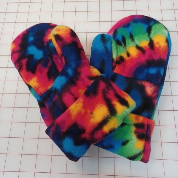 Handmade Double Layered Fleece Mittens w/Cuffs - Large (Tie-Dye)