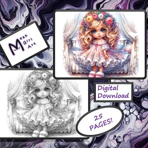 Può includere: Un download digitale di 25 pagine da colorare con una bambina con una corona di fiori e un vestito rosa. La bambina è in piedi in una camera da letto con un letto a baldacchino. Le pagine da colorare sono in bianco e nero.