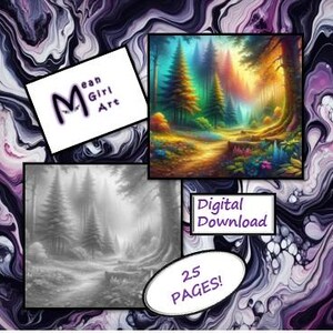 Può includere: Un download digitale di 25 pagine da colorare con una scena di foresta fantasiosa con un sentiero che conduce attraverso gli alberi. L'immagine mostra una foresta colorata con un sentiero che conduce attraverso gli alberi. Il testo "Download digitale" e "25 PAGINE!" è anche visibile.