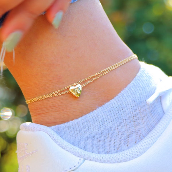 Gold/Silver Charm Anklet, Double Chain Anklet, Heart Initial Anklet, Summer Wear Anklet, Beach Wear Anklet, Birthday Gift, Anklet For Girls