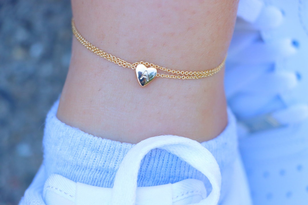 Dainty Anklet Bracelet, 14K Gold Plated Anklet, Layered Heart Initial