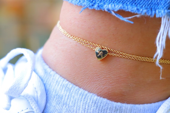 Initial Ankle Bracelets for Women - 14K Gold Filled Dainty Heart Initial  Anklet Foot Jewelry Gold Anklets for Women Teen Girls Summer Gifts