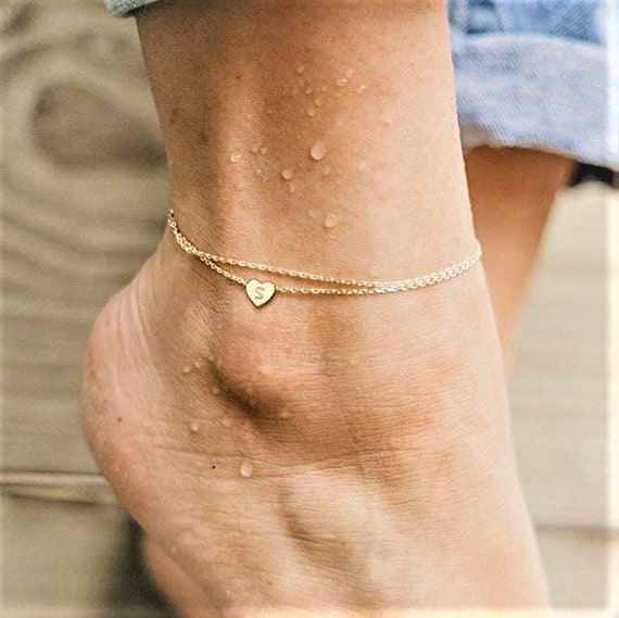 Ankle Bracelets 14K Gold Plated Dainty Layered Heart Initial Etsy