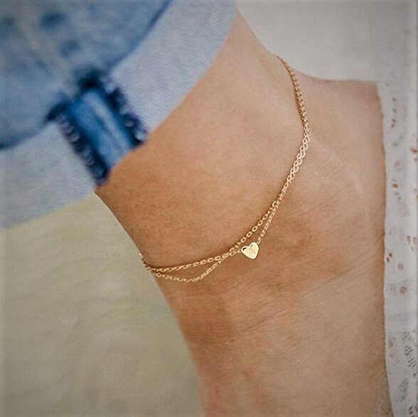 Ankle Bracelets 14K Gold Plated Dainty Layered Heart Initial Etsy
