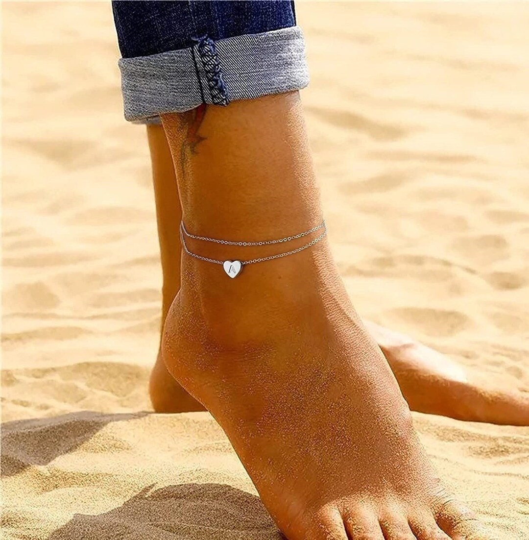 Ankle Bracelets 14K Gold Plated Dainty Layered Heart Initial Etsy