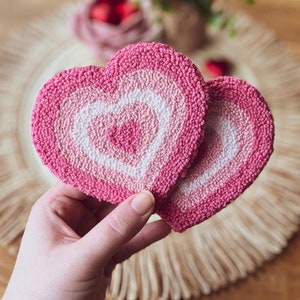 Pink Heart Coaster | Mug Rug | Punch Needle | Cute Desk Decor | Valentines Day Coaster Collection