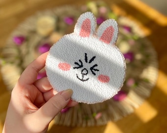 Cony Bunny Coaster | Tufted Mug Rug | Punch Needle | Cute Desk Decor | Kawaii Anime | LINE Friends Collection