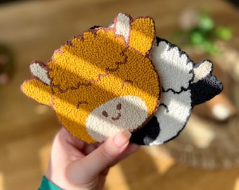 Fluffy Highland Cow Coaster | Tufted Mug Rug | Punch Needle | Cute Desk Decor | Cute Animals Collection