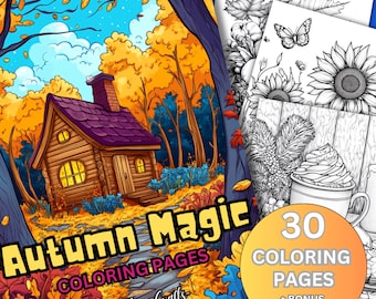 Autumn Coloring Pages: 30 Grayscale Fall Scenes (Digital Download)
