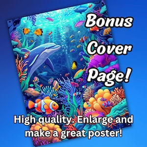 Puede incluir: Una escena submarina colorida con un delf&iacute;n, coral y peces. El texto "Bonus Cover Page!" est&aacute; en la esquina superior derecha. Alta calidad. Ampliar y hacer un gran p&oacute;ster!