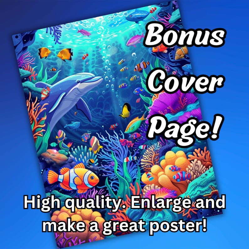 Puede incluir: Una escena submarina colorida con un delf&iacute;n, coral y peces. El texto "Bonus Cover Page!" est&aacute; en la esquina superior derecha. Alta calidad. Ampliar y hacer un gran p&oacute;ster!