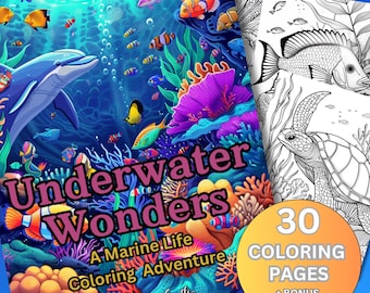 Ocean Coloring Pages: 30 Grayscale Sea Life Illustrations (Digital Download)