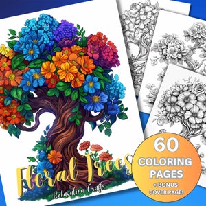 Floral Trees Coloring Pages for Adults, 60 Intricate Designs (Digital Download)