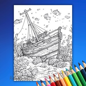 Puede incluir: Un dibujo en blanco y negro de un barco de madera hundido con un m&aacute;stil y aparejos. El barco est&aacute; rodeado de coral y peces.
