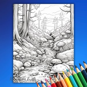 May include: A black and white line drawing of a forest stream with a waterfall, rocks, and mushrooms. The stream flows through a forest with tall trees and a mountain range in the background.