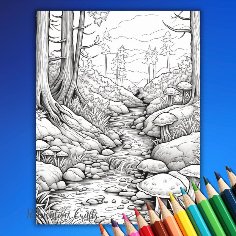 May include: A black and white line drawing of a forest stream with a waterfall, rocks, and mushrooms. The stream flows through a forest with tall trees and a mountain range in the background.