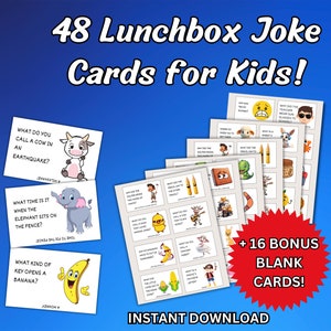 48 blagues imprimables sur la boîte à lunch pour les enfants - Notes sur la boîte à lunch, cartes vierges bonus, divertissement pour le déjeuner scolaire, plaisir parental DIY, rentrée scolaire