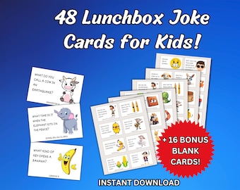 48 Printable Lunchbox Jokes for Kids - Lunch Box Notes, Bonus Blank Cards, School Lunch Entertainment, DIY Parenting Fun, Back to School