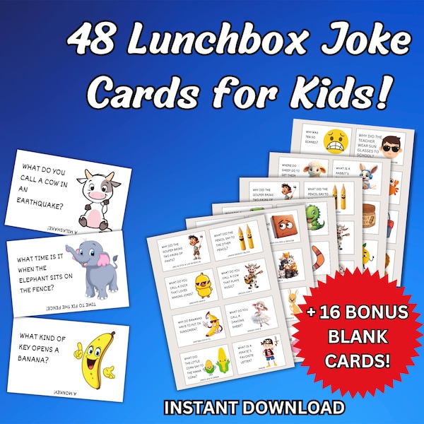 48 druckbare Lunchbox-Witze für Kinder - Lunchbox-Notizen, leere Bonuskarten, Schulmittagsunterhaltung, DIY-Erziehungsspaß, Schulanfang