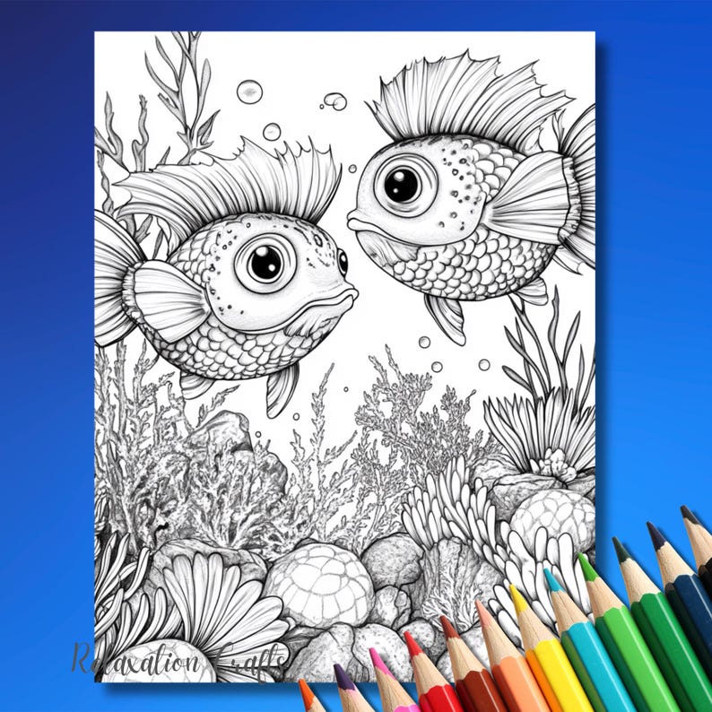 Puede incluir: Un dibujo en blanco y negro de dos peces dorados nadando en un arrecife de coral. Los peces tienen ojos grandes y est&aacute;n rodeados de algas marinas y otras plantas acu&aacute;ticas.