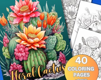 Dibujos para colorear de cactus florales para adultos, 40 páginas en escala de grises para aliviar el estrés y relajarse, descarga digital con diseños fascinantes y artísticos.