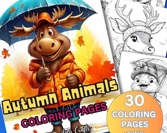 Autumn Animals Grayscale Coloring Pages: 30 Cozy Wildlife Designs (Digital Download)
