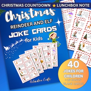 40 tarjetas navideñas imprimibles de chistes de renos y elfos para niños - Divertidos chistes digitales festivos - Perfecto para regalos y sorpresas en la lonchera