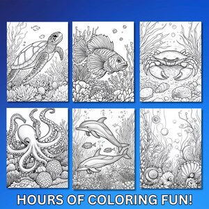 Puede incluir: Una p&aacute;gina para colorear con seis ilustraciones en blanco y negro de criaturas marinas. Las ilustraciones incluyen una tortuga, un pez, un cangrejo, un pulpo y dos delfines. Las ilustraciones est&aacute;n rodeadas de coral y algas.