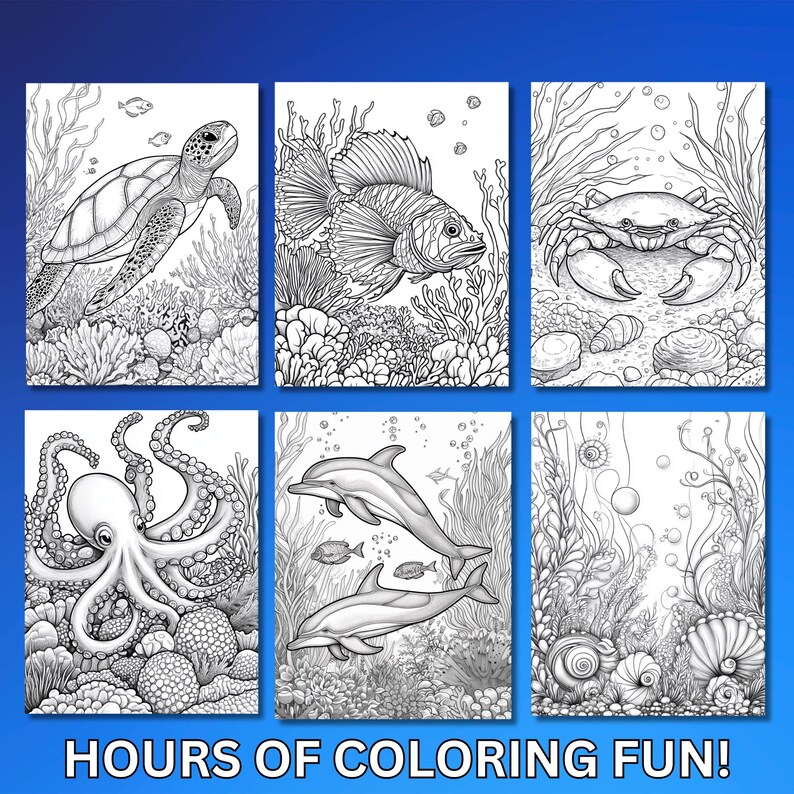 Puede incluir: Una p&aacute;gina para colorear con seis ilustraciones en blanco y negro de criaturas marinas. Las ilustraciones incluyen una tortuga, un pez, un cangrejo, un pulpo y dos delfines. Las ilustraciones est&aacute;n rodeadas de coral y algas.