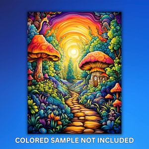 May include: A psychedelic illustration of a path through a forest with colorful mushrooms, a small house, and a bright sun in the sky.