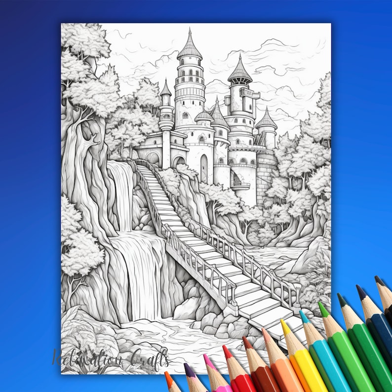 May include: A black and white line drawing of a fairytale castle with a waterfall and a stone bridge leading up to the castle.