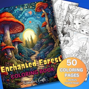 大人向けの魔法の森の塗り絵、リラックスと想像力を育む魔法のページ 50 ページ、デジタル ダウンロード、ボーナス: テキストなしの表紙!