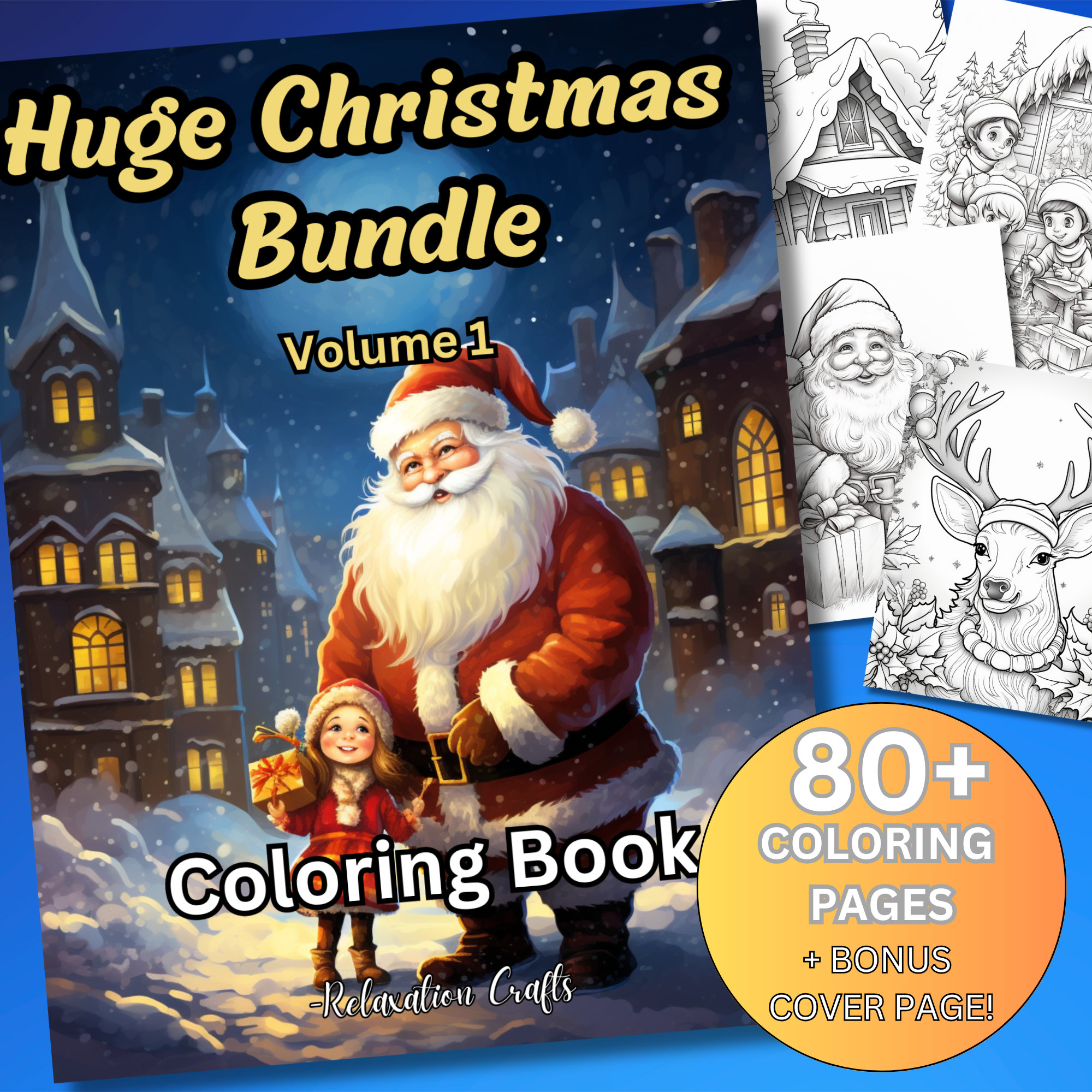 Huge 80 Page Christmas Coloring Book and Bonus Cover, Grayscale Pages ...