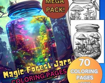 Dibujos para colorear de tarros del bosque mágico: 70 diseños en escala de grises (descarga digital)