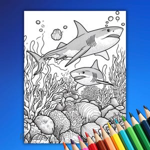 Puede incluir: Una p&aacute;gina para colorear en blanco y negro con dos tiburones nadando en un arrecife de coral. Los tiburones tienen dientes afilados y aletas. El arrecife de coral est&aacute; lleno de intrincados detalles de plantas y rocas.